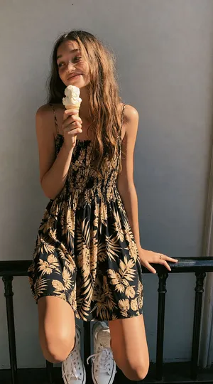 Tropical Palm Print Smocked Sundress Black Tan Adjustable Straps Mini thumbnail 1