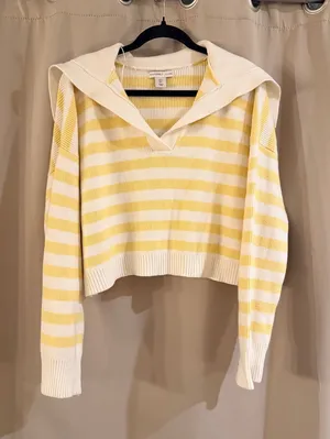 Sincerely Jules Yellow & White Striped V-Neck Hooded Cropped Sweater thumbnail 1