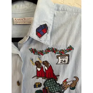 Karen Scott Button Down Shirt Blue M Women Christmas Dogs Embroidered Chambray thumbnail 6