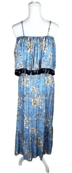 Boohoo Blue Yellow Floral Spaghetti Strap Tiered Maxi‎ Dress Size 8 thumbnail 1