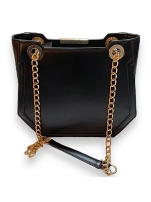 Melie Bianco Geometric Vegan Leather Black Shoulder Bag with gold chains thumbnail 3