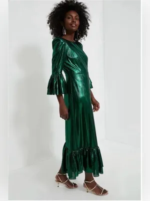 Pomander Place Tuckernuck Lilith Dress Emerald Green Midi Statement Sleeve L NWT thumbnail 2