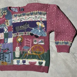 Vintage Hand Knitted Cardigan Sweater SZ L Cottagecore Antiques Farm House Pink thumbnail 2