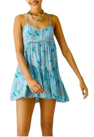 Urban Outfitters Georgia Tiered Mini Boho Floral Dress Blue Motif SZ XS thumbnail 1