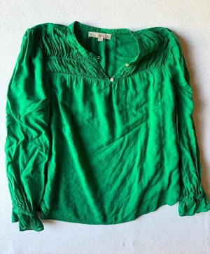 LOFT Women's Emerald Green Long Sleeve Blouse with Shirred Yoke Detail thumbnail 1
