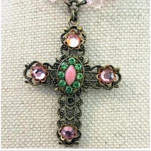 Vintage Victorian Revival Jeweled Cross Necklace Pink Green Rhinestones Beaded G thumbnail 2