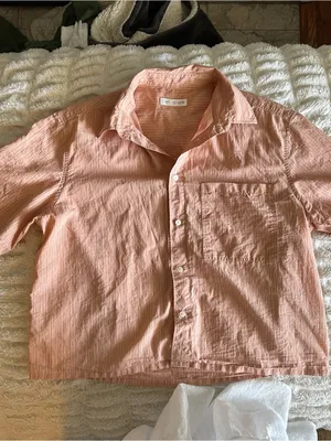 ZARA MAN Salmon Striped Boxy Button Up Shirt Coastal Grandma Resort Camp Collar thumbnail 2