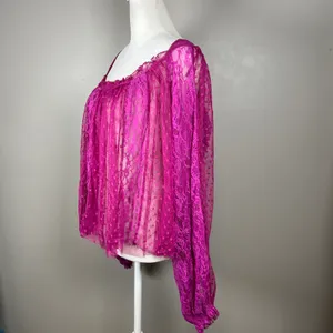 Free People A Little Love Long Sleeve SHEER LACE Top Raspberry Size Large Casual thumbnail 3