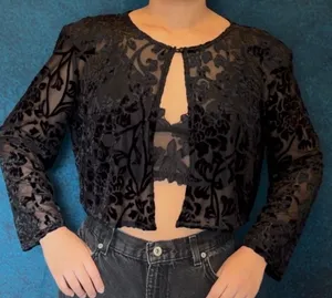 Onyx Nite Vintage Black Velvet Burnout Cardigan Shrug Bolero One Button Whimsigoth Witchy thumbnail 1
