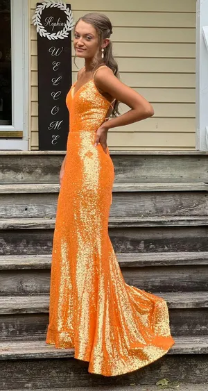 Ellie Wilde Bright Orange Sequin Prom Dress thumbnail 1