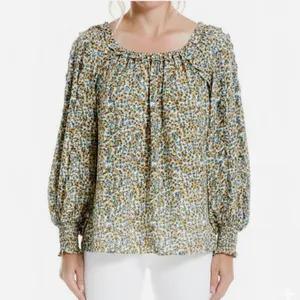 Max Studio Boho Floral Blouse Ruched Cuff Shirt Long Sleeve Chiffon Women’s Sz L thumbnail 2
