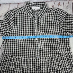 LOFT Womens Black Cream Plaid Tiered Shirt Dress Size M‎ Long Sleeve Gingham thumbnail 7