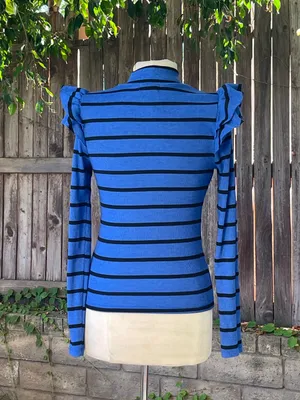 NWT Anthropologie T. La Ruffled turtleneck Top blue black minimalist fall chic M thumbnail 7