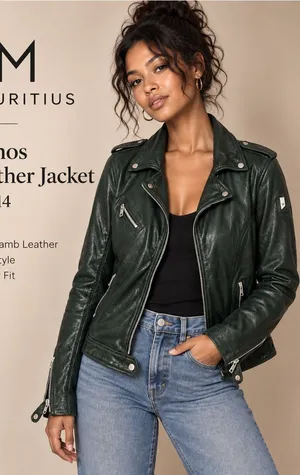 Mauritius Famos Dark Green Lamb Leather Moto Biker Jacket Regular Fit Size 14 thumbnail 1
