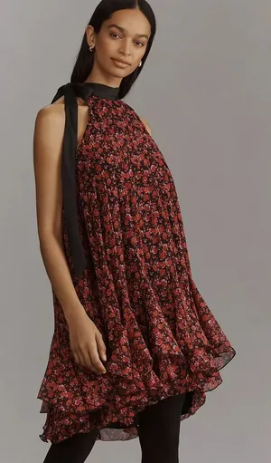 By Anthropologie Tie-Neck Halter Ruffled floral print Mini Dress size small thumbnail 1