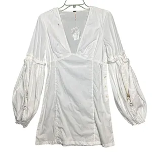 Free People Dress Womens XS White V-Neck Balloon Sleeve Mini Tassel Summer Boho thumbnail 13