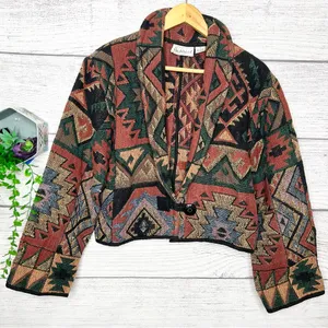Vintage Flashback Southwestern Pattern Cropped Tapestry Jacket Size Medium Green thumbnail 12