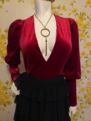 Velvet Deep V Puff Sleeve Bodysuit in Burgundy size M thumbnail 2