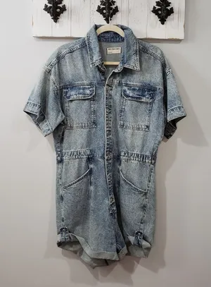 Free People Marci Cuffed Denim Shortall Size L thumbnail 1