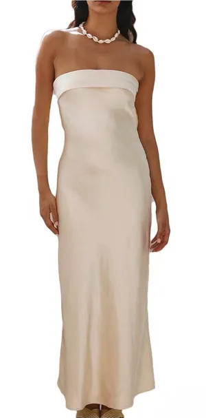 Champagne Strapless Satin Silk Backless Dress, Size XS thumbnail 1