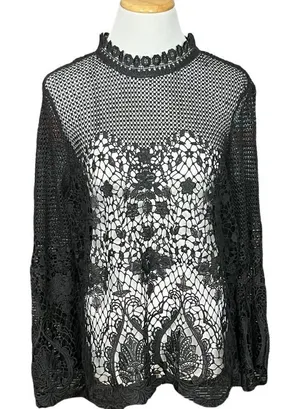 Bold Elements Black Crochet Lace Sheer Long Bell Sleeve Top XL thumbnail 1
