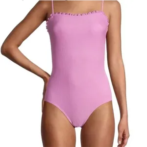 Womens No Boundaries Pink Ribbed Scalloped Trim One Piece Swimsuit - Sz S thumbnail 1