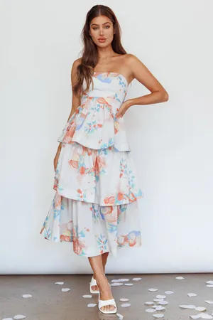 Outshine Strapless Tiered Midi Dress Floral in Peach thumbnail 1