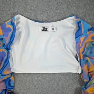 Tiger Mist Graffiti Bolero Ruched Long Sleeve Sz Medium Blue Orange Purple Mesh thumbnail 2