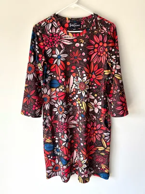 Lesley Evers Arden Shift Mini Dress 3/4 Sleeves Vintage Floral Brown 70s Boho thumbnail 1