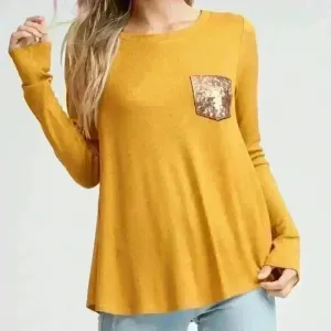White Birch 9. Mustard Thermal Top with Sequin Pocket and‎ Buttons thumbnail 1