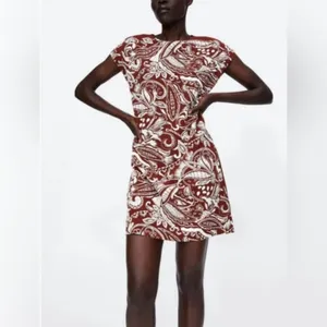 ZARA Paisley Textured Print Mini Shift Dress Burnt‎ Brick & White Size Small thumbnail 3