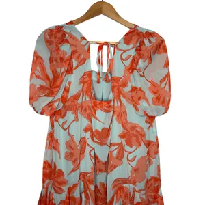 Olivaceous Floral Whimsical Boho Puff Sleeve Mini Dress Orange Blue Size Medium thumbnail 7