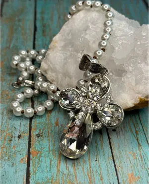 Crystal cross necklace on fashion pearl chain thumbnail 3