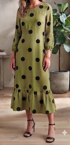 Olive Green Polka Dot Midi Dress with Ruffle Hem - Women thumbnail 1