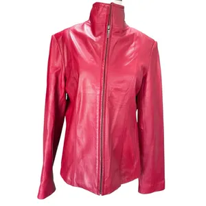 Siena Women's Red Leather Jacket Small Zip Front Moto Biker Coat Lined Slim thumbnail 2