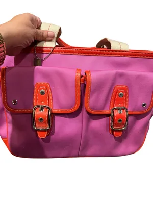 Vintage Coach Twill Garden Tote featuring a fuchsia/pink canvas orange trim thumbnail 5