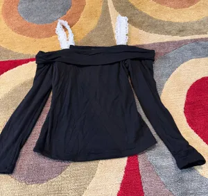 Free People Black Off The Shoulder Top with White Lace Strap 3/4 Sleeve Small thumbnail 1