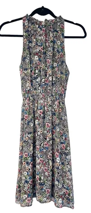 H&M Black Floral Print Sleeveless Dress with Cut Out Back & Button Closure Sz 2 thumbnail 1