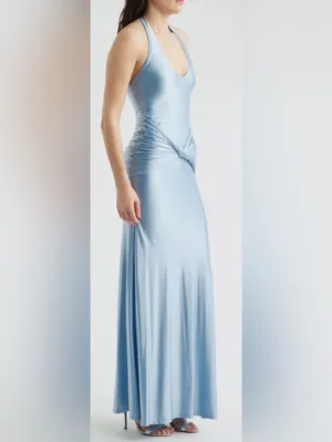 New Delfi Collective Soraya Halter Neck Satin Jersey baby blue Gown Sz XS thumbnail 3