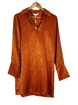 NWT WAYF Polka Dot Jacquard Mini Shift Dress Orange Boho Satin Split Cuff Size S thumbnail 1
