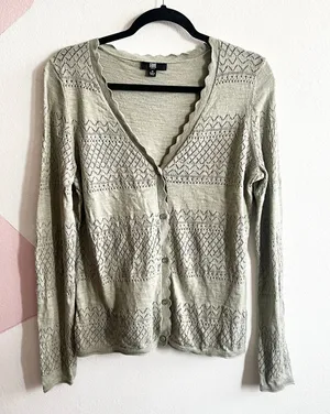 Frye Green Knit Pointelle Cardigan‎ Open Front Soft Classic Minimalist Medium thumbnail 1