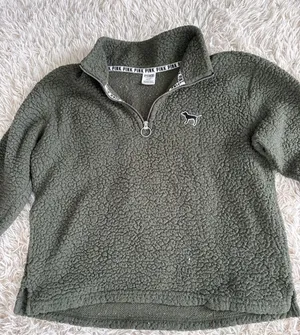 PINK Victoria's Secret Sherpa Quarter Zip Pullover‎ Fleece Sweatshirt Green M thumbnail 1