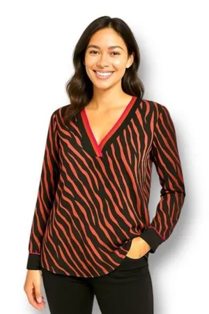 Express S Red Black Zebra Print V-Neck Blouse Long‎ Sleeve Button Cuff Top Y2K thumbnail 1
