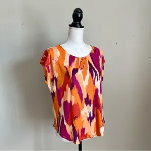 JOIE | Multicolored Capped Sleeve Linen Top Sz L thumbnail 5