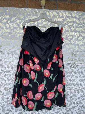 Anna Sui Anthropologie Sz 12 Silk Dress Strapless Black Pink Poppy Floral Lined thumbnail 6