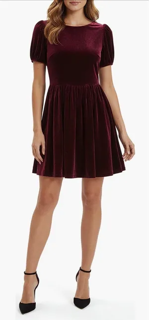 Lush Burgundy Velvet Puff Sleeve Mini Dress with Back Bow Size 8 NEW‎ thumbnail 1