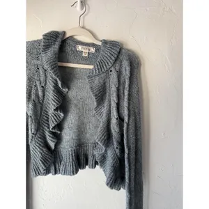 Decree Sweater Y2k XL Gray Metallic Ruffle Open‎ Cardigan Knit Cropped Soft thumbnail 2