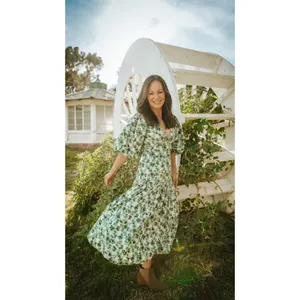 MARYSIA Green White Floral Printed 100% Cotton Drop Waist Imperialis Dress M thumbnail 16
