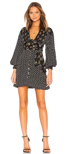 FREE‎ PEOPLE Wonderland Mini Dress Black Floral Mixed Pattern Tie Waist thumbnail 1
