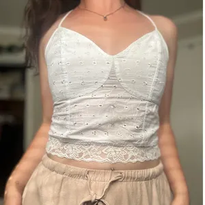 Handmade White Eyelet Lace Tank Top w Lace Trim Coquette Ruched Back thumbnail 1